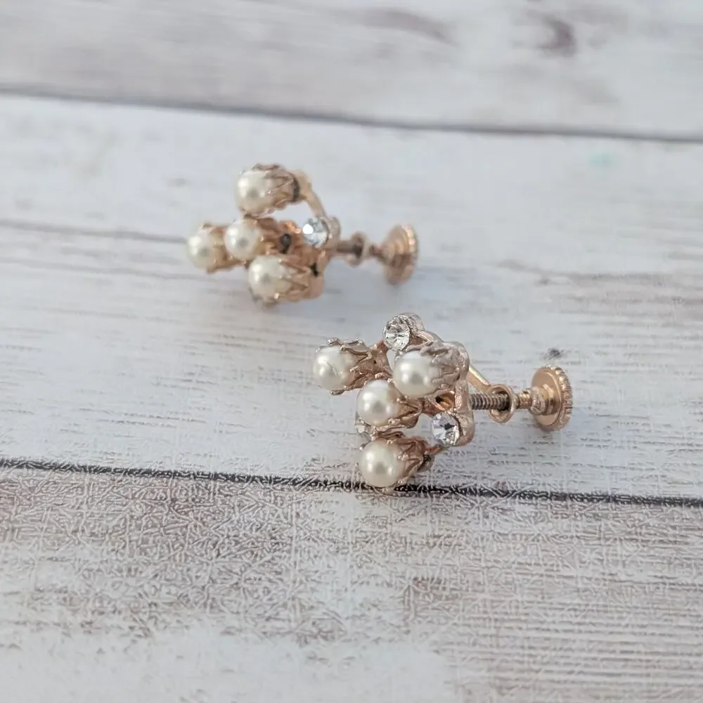 Vintage Screw On Earrings Pretty Faux Pearl & Clear Gems